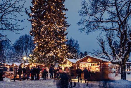 festlich geschmückter Weihnachtsmarkt mir großem Weihnachtsbaum